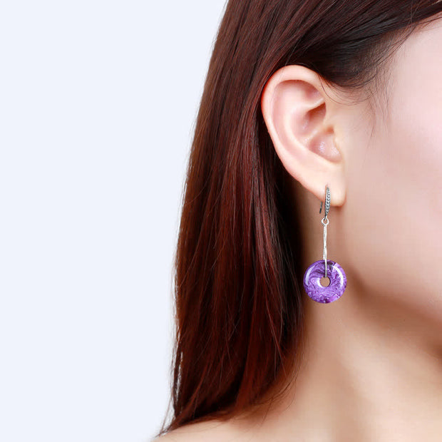 Buddha Stones 925 Sterling Silver Natural Amethyst Peace Buckle Pattern Protection Earrings