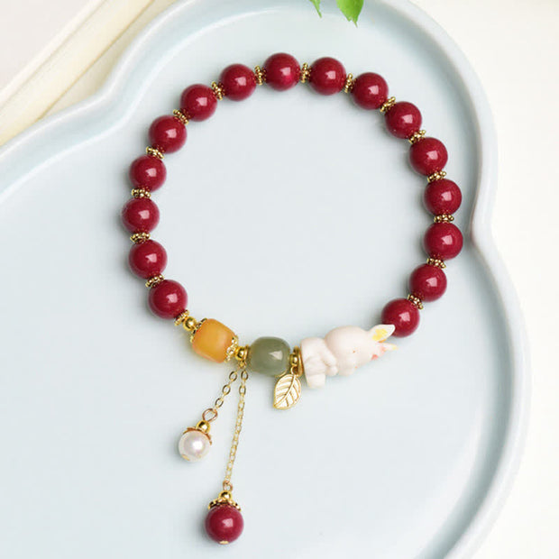 Buddha Stones Year of the Rabbit Cinnabar Hetian Jade Bunny Beaded Blessing Bracelet Bracelet BS 8