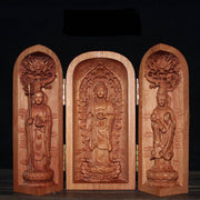 Buddha Stones Avalokitesvara Kwan Yin Buddha Cherry Wood Compassion Home Decoration Altar Prayer Altar BS Sakyamuni Buddha&Avalokitesvara&Ksitigarbha Bodhisattva