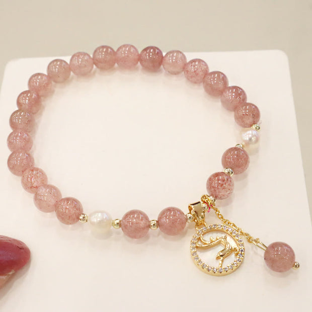 Buddha Stones Strawberry Quartz Pearl Elk Smiley Face Fishtail Fu Character Charm Healing Bracelet Bracelet BS 2