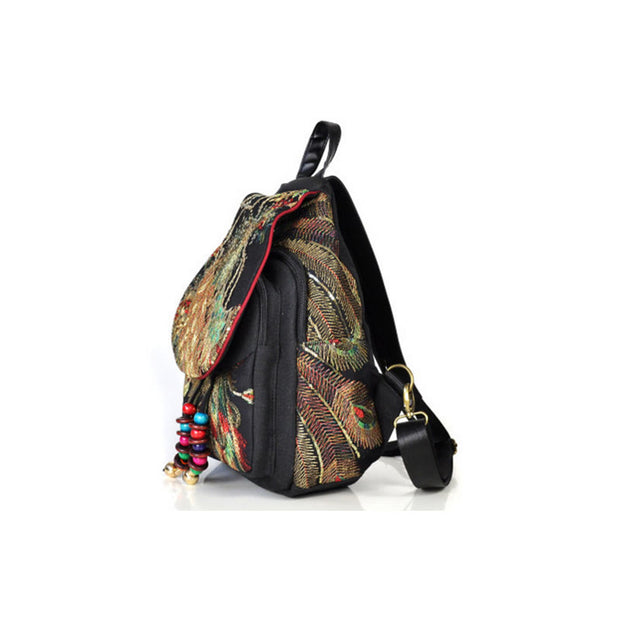 Buddha Stones Peacock Embroidery Canvas Tassel Backpack Backpack BS 11