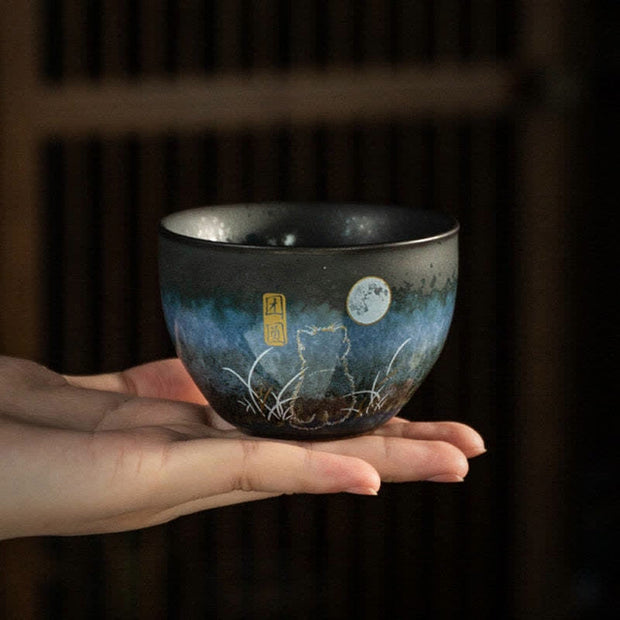 Buddha Stones Ceramic Teacup Lovely Cat Black Tea Cups 140ml