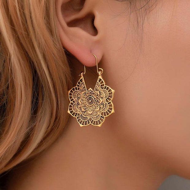 Buddha Stones Tibetan Lotus Engraving Copper Blessing Drop Earrings Earrings BS 4