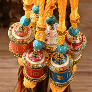 Buddha Stones Tibet Om Mani Padme Hum Prayer Wheel Colorful Tassels Bag Car Hanging Decoration