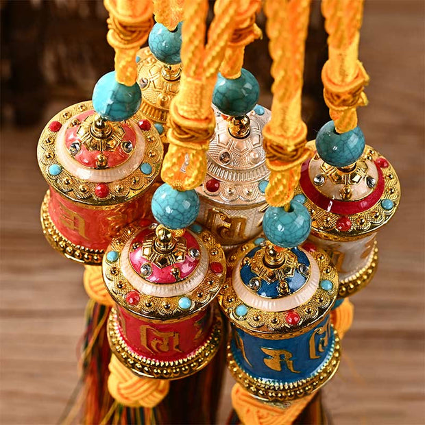 Buddha Stones Tibet Om Mani Padme Hum Prayer Wheel Colorful Tassels Bag Car Hanging Decoration Car Hanging Decoration BS 2
