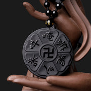 Buddha Stones Natural Black Obsidian Tibetan Om Mani Padme Hum Buddha Swastika Luck Necklace Pendant