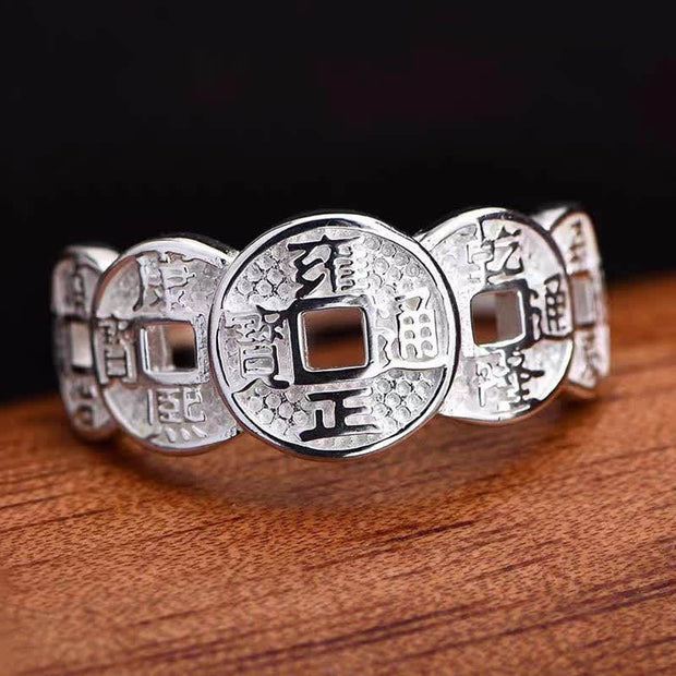 Buddha Stones Five-Emperor Coins Auspicious Wealth Adjustable Ring Ring BS White