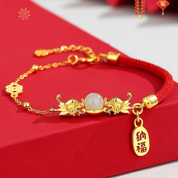 Buddha Stones Year of the Dragon 925 Sterling Silver Hetian Jade Attract Fortune Fu Character Luck Bracelet Bracelet BS Gold Dragon(Wrist Circumference 14-15cm)