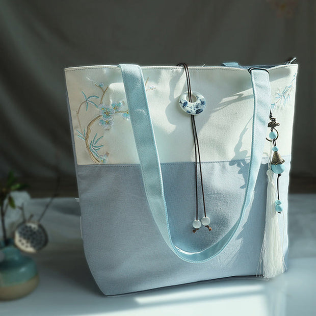 Buddha Stones Pear Flower Plum Peach Blossom Bamboo Embroidery Canvas Large Capacity Shoulder Bag Tote Bag Bag BS Blue White Plum Bamboo
