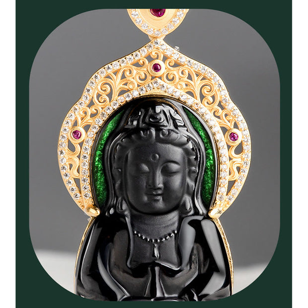 Buddha Stones 925 Sterling Silver Natural Black Jade Kwan Yin Avalokitesvara Wealth Necklace Pendant Necklaces & Pendants BS 5