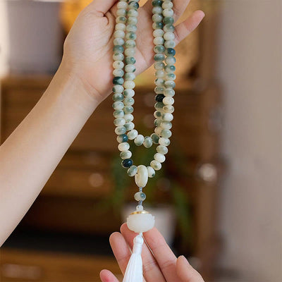 Buddha Stones Natural 108 Mala Beads Bodhi Seed Lotus Engraved Wisdom Tassel Bracelet