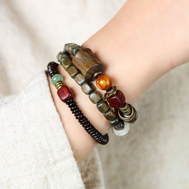 Buddha Stones Green Sandalwood Ebony Om Mani Padme Hum Engraved Peace Triple Wrap Bracelet Bracelet BS 1