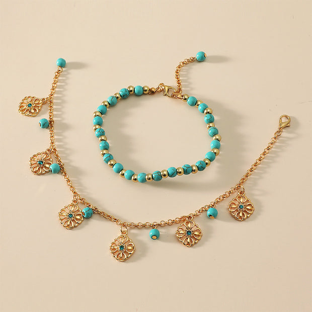 Buddha Stones 2Pcs Turquoise Stone Flower Protection Bracelet Anklet Bracelet BS Turquoise (Purification ♥ Serenity)