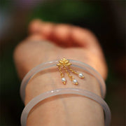 Buddha Stones 925 Sterling Silver Lotus Chalcedony Positive Cuff Bracelet Bangle Bracelet Bangle BS 4
