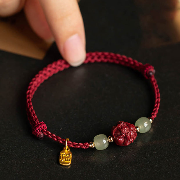 Buddha Stones Natural Cinnabar Chinese Zodiac Hetian Jade Fu Character Luck Rope Bracelet Bracelet BS 10