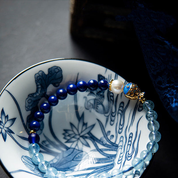 Buddha Stones Natural Aquamarine Lazurite Fish Healing Bracelet Bracelet BS 3