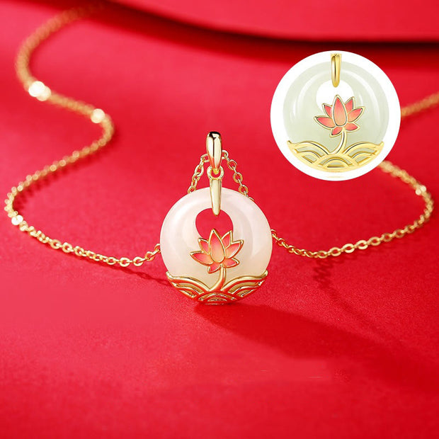 Buddha Stones 925 Sterling Silver Hetian White Jade Lotus Flower Blessing Necklace Pendant