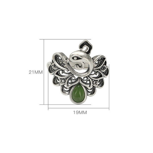 Buddha Stones 925 Sterling Silver Peacock Hetian Cyan Jade Fortune Adjustable Ring