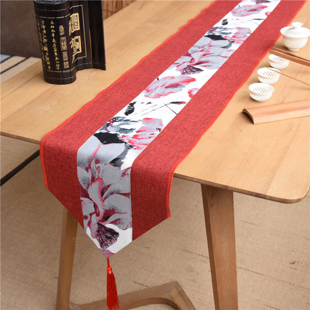 Buddha Stones Classic Chinese Style Lotus Koi Fish Flower Crane Calligraphy Enlightenment Cotton Linen Tassels Table Runner Table Runner BS Red Lotus 30*180cm