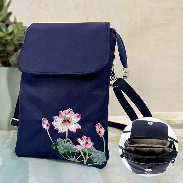 Buddha Stones Waterproof Handmade Embroidered Lotus Flowers Crossbody Bag Shoulder Bag Cellphone Bag Bag BS 1