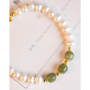 Buddha Stones 14K Gold Plated Natural Pearl Hetian Cyan Jade White Jade Sincerity Bead Chain Bracelet Bracelet BS 7