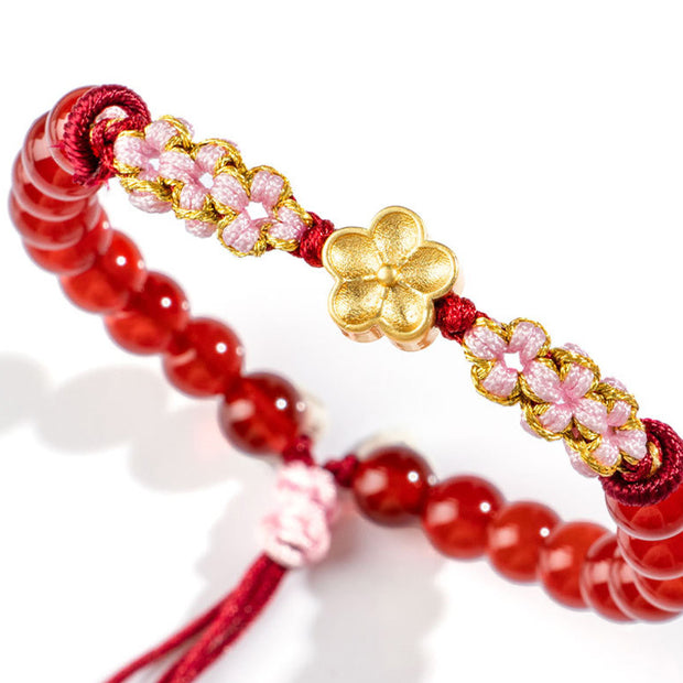 Buddha Stones 999 Sterling Silver Natural Red Agate Pink Crystal Cherry blossom Bracelet Bracelet BS 10