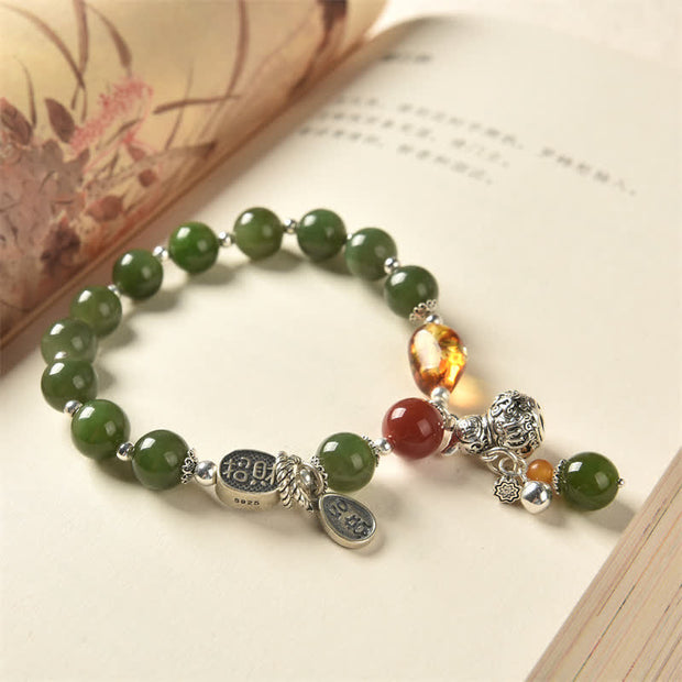 Buddha Stones 925 Sterling Silver Hetian Cyan Jade Gourd Amber Success Bracelet Bracelet BS 1