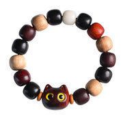 Buddha Stones Small Leaf Red Sandalwood Ebony Wood Cute Cat Engraved Protection Bracelet