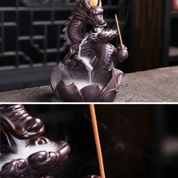 Buddha Stones Dragon Lotus Pattern Strength Protection Ceramic Incense Burner Decoration Incense Burner BS 9