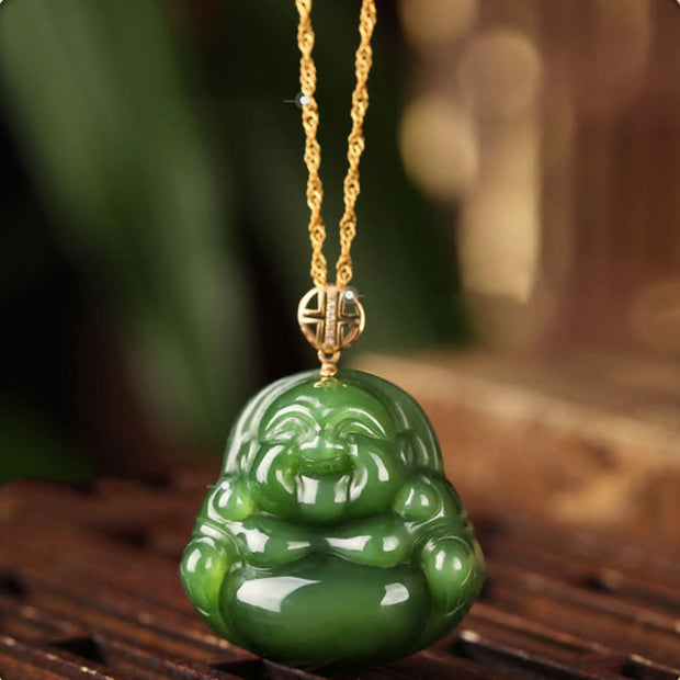 Buddha Stones 925 Sterling Silver Laughing Buddha Hetian Cyan Jade 18K Gold Success Necklace Chain Pendant Necklaces & Pendants BS Hetian Cyan Jade (Success ♥ Healing)