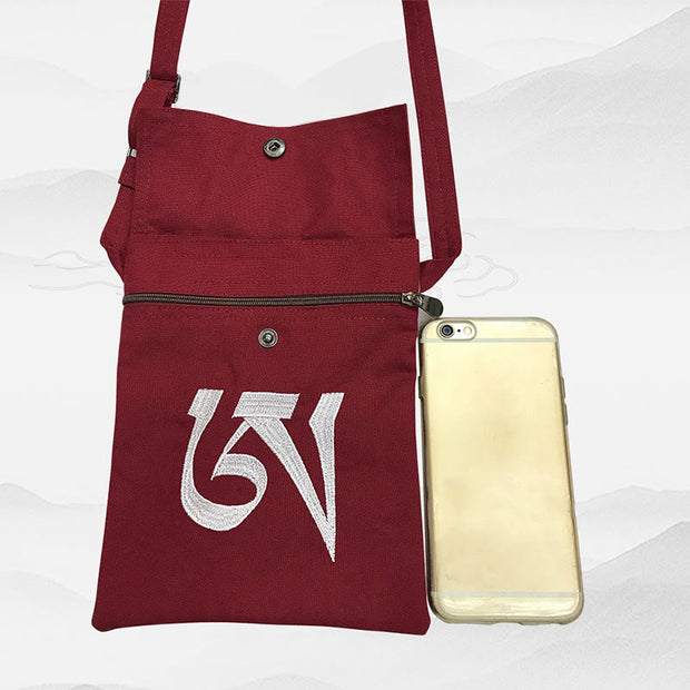 Buddha Stones Handmade OM Mantra Embroidered Spiritual Mind Practice Cotton Crossbody Bag Shoulder Bag Cellphone Bag