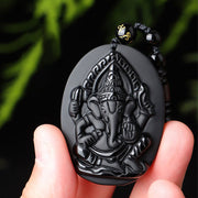 Buddha Stones Tibetan Obsidian Ganesh Ganpati Elephant Wealth Amulet Necklace Necklace BS 8