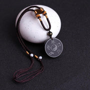 Buddha Stones Natural Black Obsidian Taoism Five Sacred Mountains Nine-Character Mantra Carved Strength Yin Yang Necklace Pendant Key Chain Necklaces & Pendants BS 2
