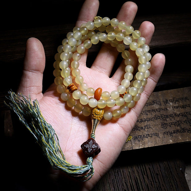 Buddha Stones 108 Mala Beads Tibet Sheep Horn Amber Luck Bracelet Bracelet Mala BS 5
