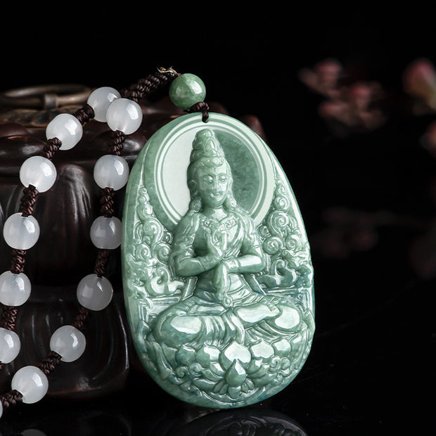 Buddha Stones Natural Jade Avalokitesvara Amulet Wealth Necklace Pendant Necklaces & Pendants BS 1