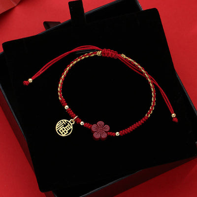 Buddha Stones Cinnabar Flower Fu Character Blessing Braided String Bracelet