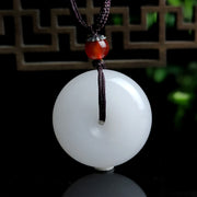 Buddha Stones Round Hetian White Jade Peace Buckle Blessing Necklace Pendant Necklaces & Pendants BS 6
