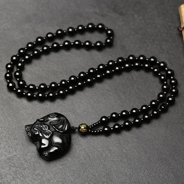 Buddha Stones Black Obsidian Elephant Protection Strength Necklace Pendant Necklaces & Pendants BS 10