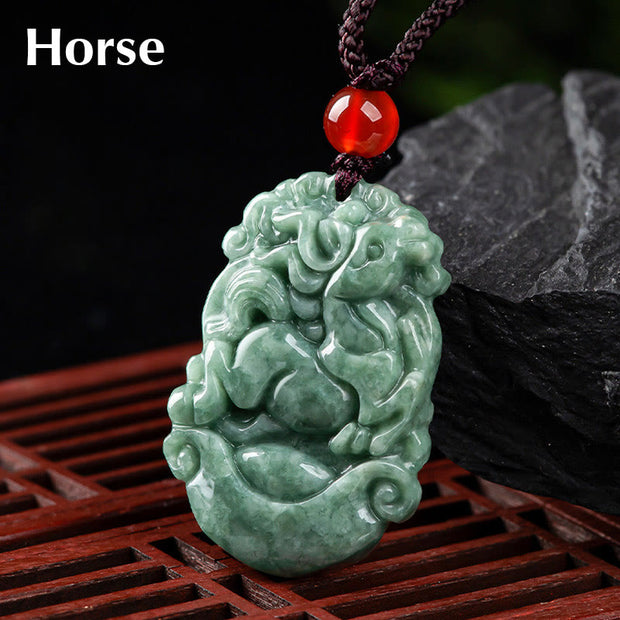 Buddha Stones Natural Jade 12 Chinese Zodiac Prosperity Necklace Pendant Necklaces & Pendants BS Horse