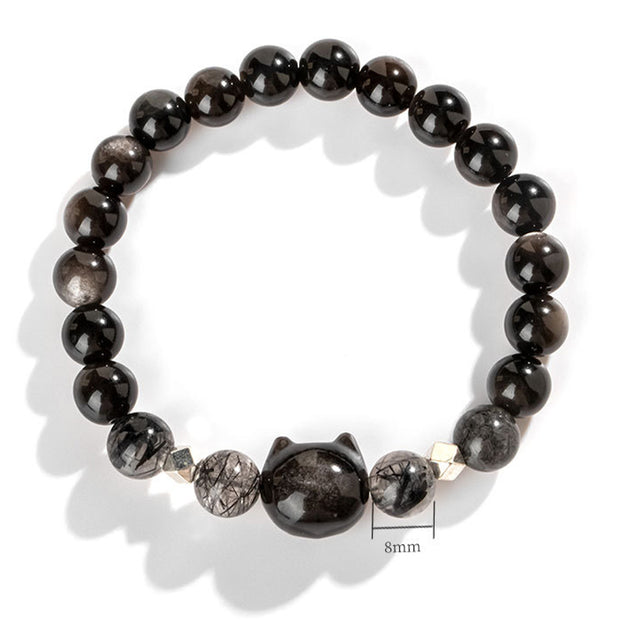 Buddha Stones Natural Silver Sheen Obsidian Cute Cat Head Protection Bracelet