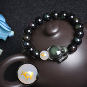 Buddha Stones Natural Rainbow Obsidian Gold Sheen Obsidian Silver Sheen Obsidian Fox Healing Bracelet