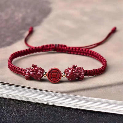 Buddha Stones Cinnabar PiXiu Blessing Copper Coin Peace Buckle Red String Bracelet Bracelet BS Copper Coin(Bracelet Size 13-23cm) Adult