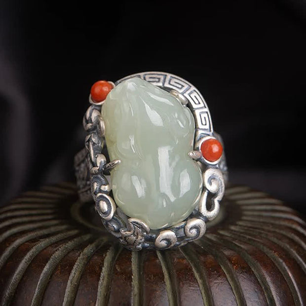 Buddha Stones 925 Sterling Silver Hetian White Jade PiXiu Luck Protection Ring Ring BS Hetian White Jade ( Protection ♥ Happiness)