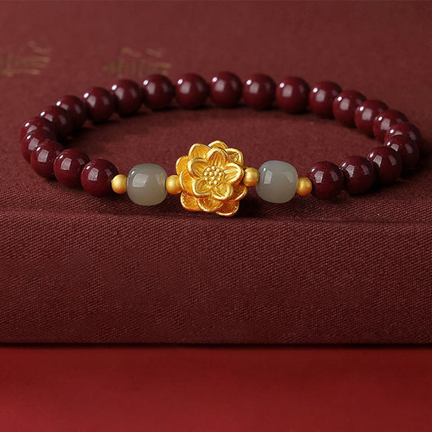 Buddha Stones 999 Sterling Silver Lotus Cinnabar Hetian Jade Blessing Bracelet Bracelet BS 2