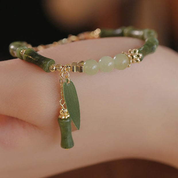 Buddha Stones Jade Bamboo Leaf Lily Of The Valley Pattern Luck Abundance Bracelet