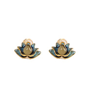 Buddha Stones 925 Sterling Silver Hetian Cyan Jade Lotus Flower Success Earrings Earrings BS 5