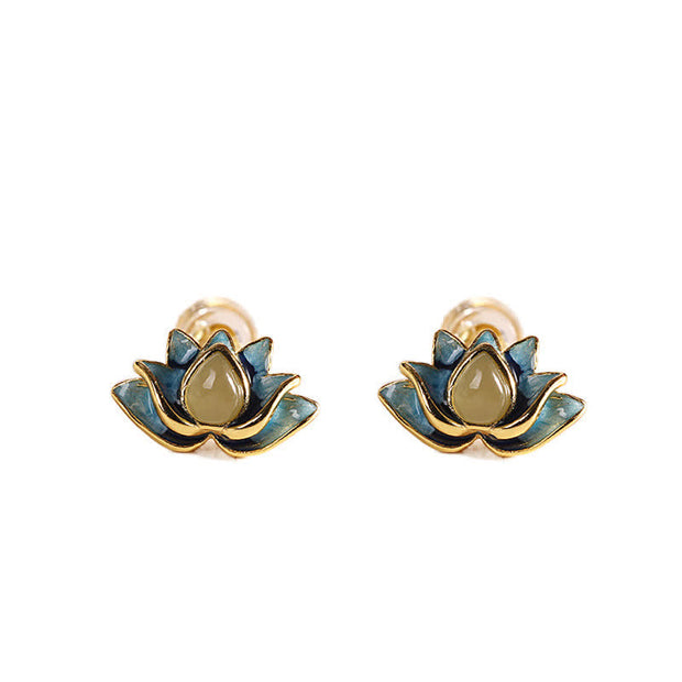 Buddha Stones 925 Sterling Silver Hetian Cyan Jade Lotus Flower Success Earrings Earrings BS 5