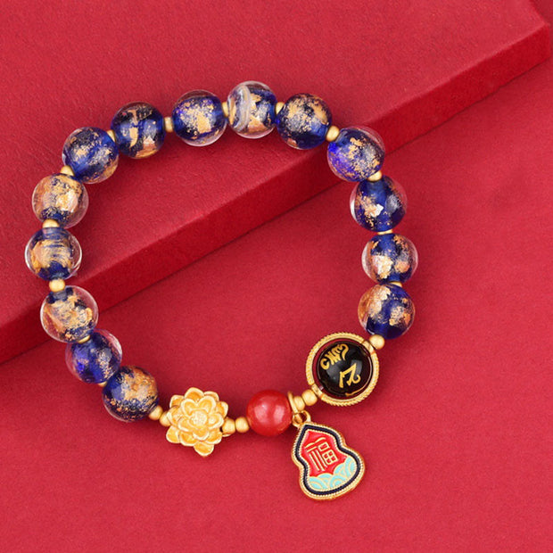 Buddha Stones Tibet Om Mani Padme Hum Fu Character Gourd Charm Lotus Liuli Glass Bead Luck Bracelet Bracelet BS 6