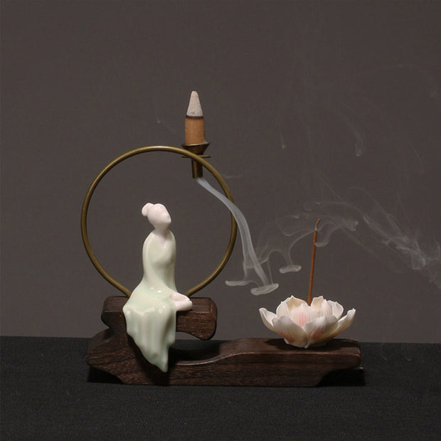 Buddha Stones Ceramic Lotus Healing Meditation Incense Burner Decoration Decorations Incense Burner BS Cyan Chess