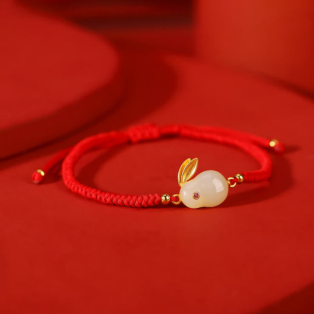 Buddhastoneshop 925 Sterling Silver Year of the Rabbit Hetian White Jade Luck Red String Protection Bracelet